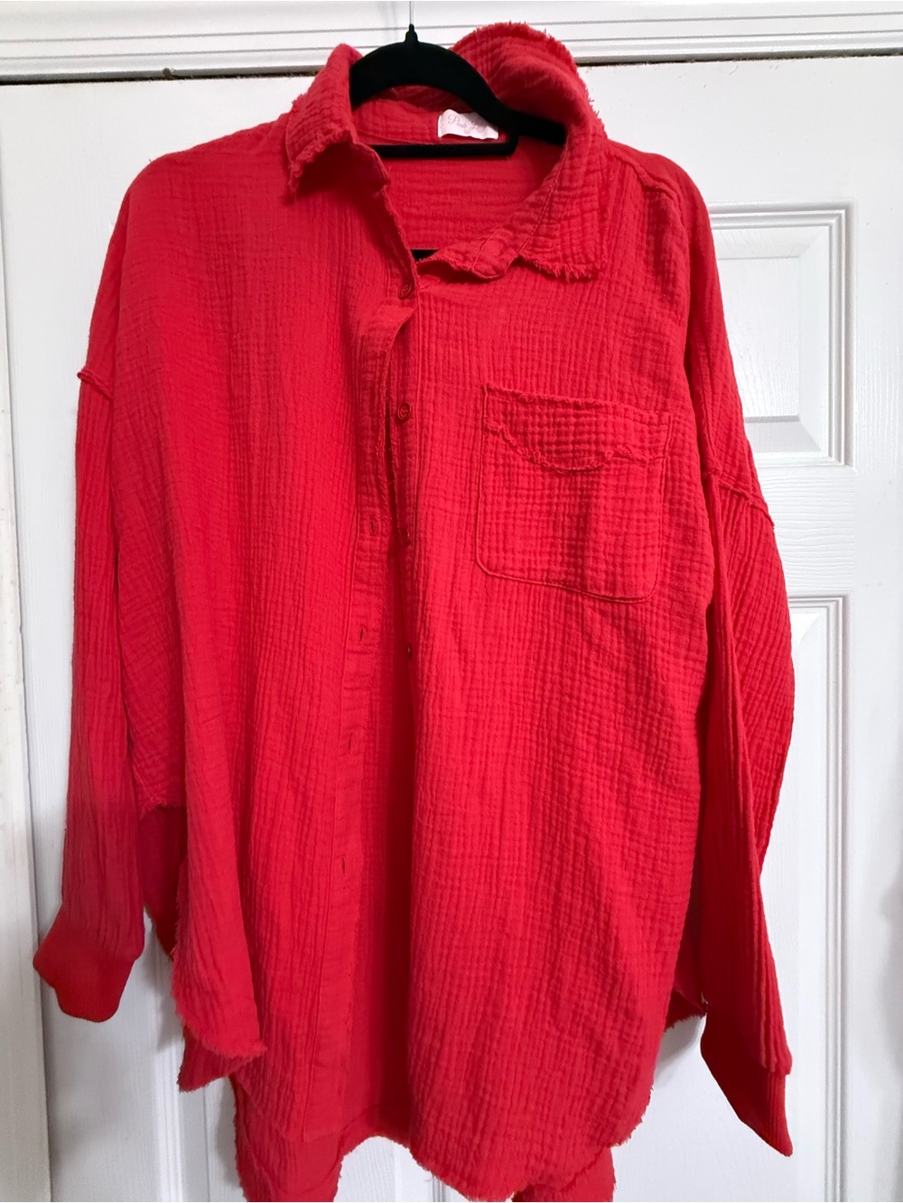 Pink Lily Red Button-Up Gauze Shirt